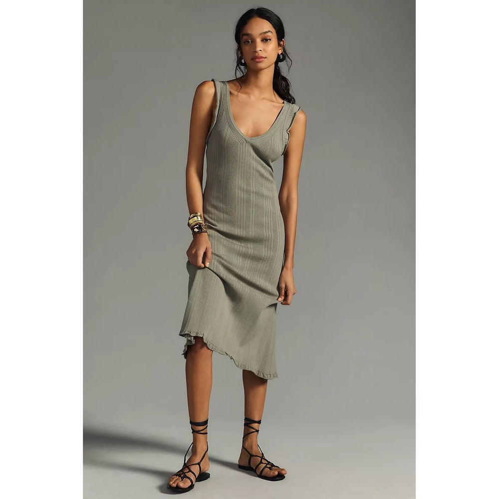 NWT Daily Practice Anthropologie Ribbed Sweater Midi Dress‎ Moss Crisscross Back